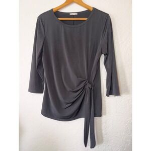 Ava James Black Side Tie Asymmetric Draped Knit Top 3/4 Sleeve Blouse Size L